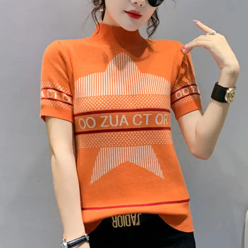 

Women's 2022 Spring/Summer New T-shirt Women's Letter Knit Sweater Fashion Half Turtleneck Sweater Slim Top