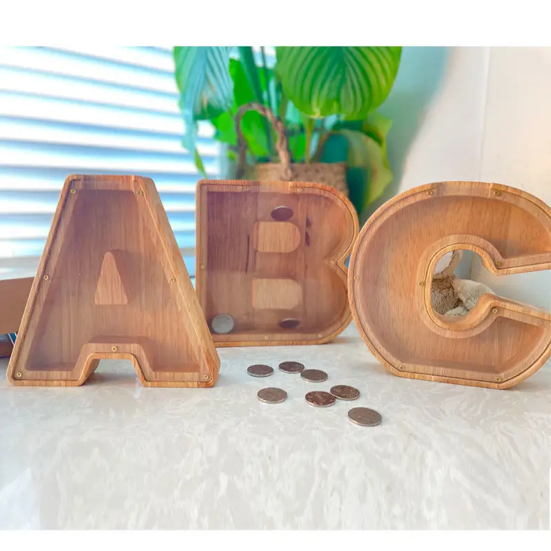 Creative wooden English letter piggy bank gift piggy bank ornaments transparent acrylic children's New Year's money