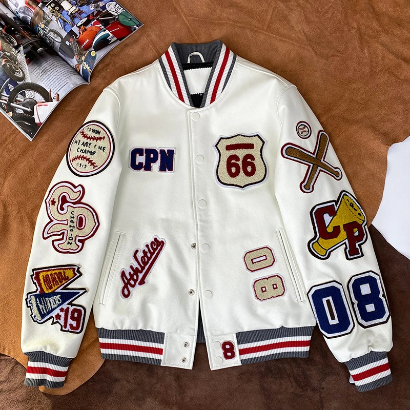 Мужская куртка из натуральной кожи кожаная с вышивкой повседневная модная белый