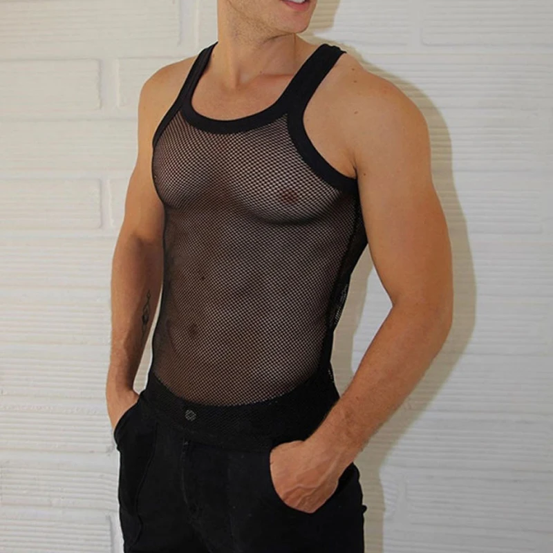 

Майка мужская прозрачная сетчатая, пикантный модный прозрачный жилет без рукавов, на бретелях, с круглым вырезом, уличная одежда, базовая одежда, лето