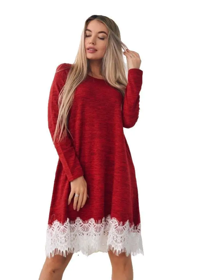 

2022 New Arrival Women's Lace Patchwork Solid Color Knitted Sweater Dresses
