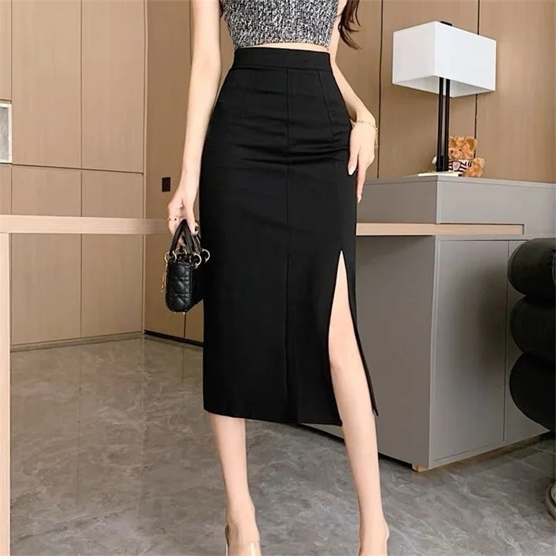 Осенние юбки большого размера 2XL с разрезом для офисных женщин эластичной