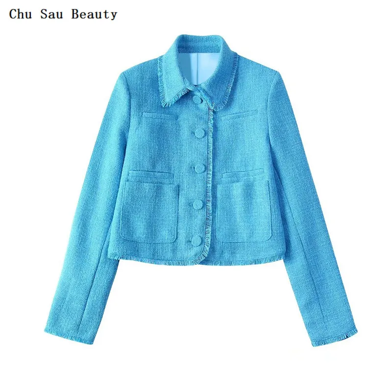 

2022 New Women Blue Woolen Fleece Top Spring&Autumn Fashion Casual Long Sleeves Chic Button All-Match High Street Coat
