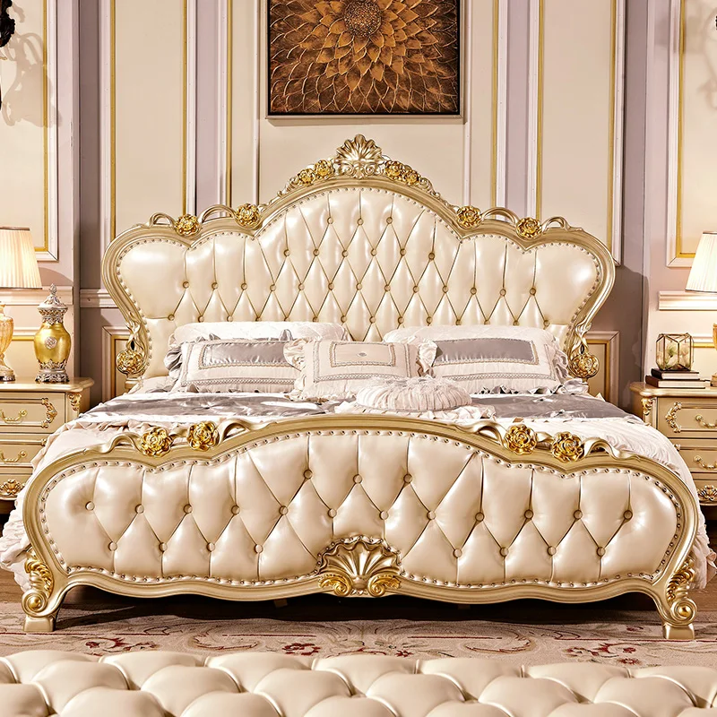 

Вилла цвета шампанского, Золотая мебель из массива дерева, французская роскошная двуспальная кровать, кожаная кровать