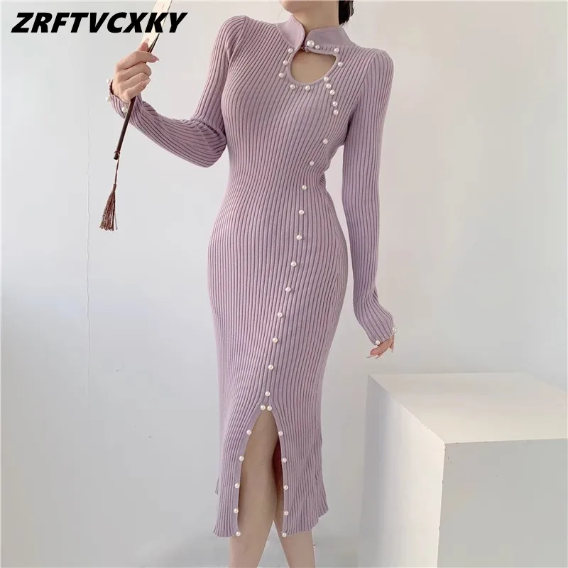

Luxury Beading Women Cheongsam Knitte Dresses Autumn Elegant Stand Collar Designer Hollow Out Slim Splits Midi Sweater Vestidos