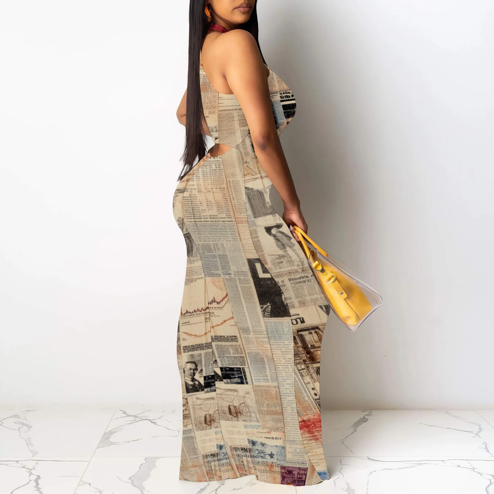 Фото Платье макси без рукавов с газетным принтом в стиле ретро, типография, уличная одежда, вечерние, клубная одежда, облегающее №4