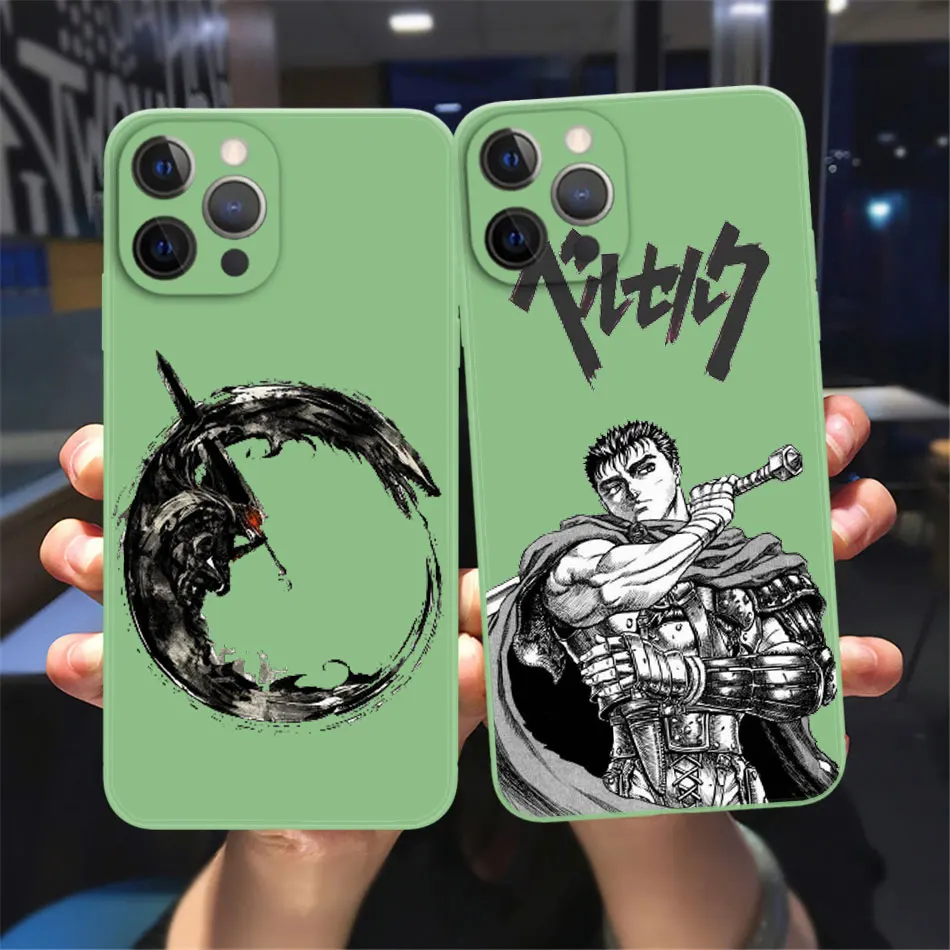 

Anime Berserk Guts Zodd Phone Case For iPhone 11 12 13 Pro Max X XR XS MAX X 8 7 Plus 13Mini Green liquid soft Candy colors case