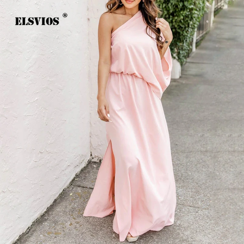 

Sexy Sloping Shoulders Dress 2022 Summer Women Hem Slit Maxi Party Dress Autumn Elegant Solid Color Lady Office Dresses Vestidos