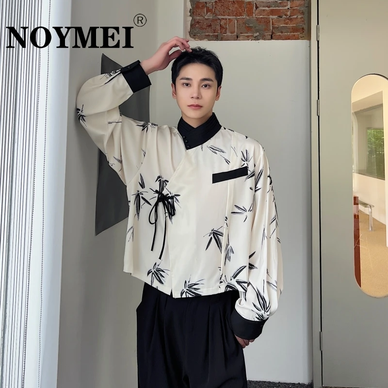 

NOYMEI 2023 New Cross Neck Bamboo Leaf Printed Long Sleeved Shirt Men's Trend Short Top Fashion All-match Casual WA2189