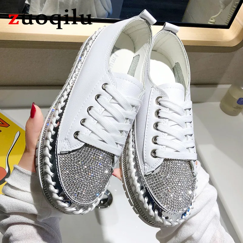 

New Big Size 43 Casual shoes women Crystals Diamonds Women Flats Bling Platform Shoes Rhinestone Ladies Round Lace-up Shoes