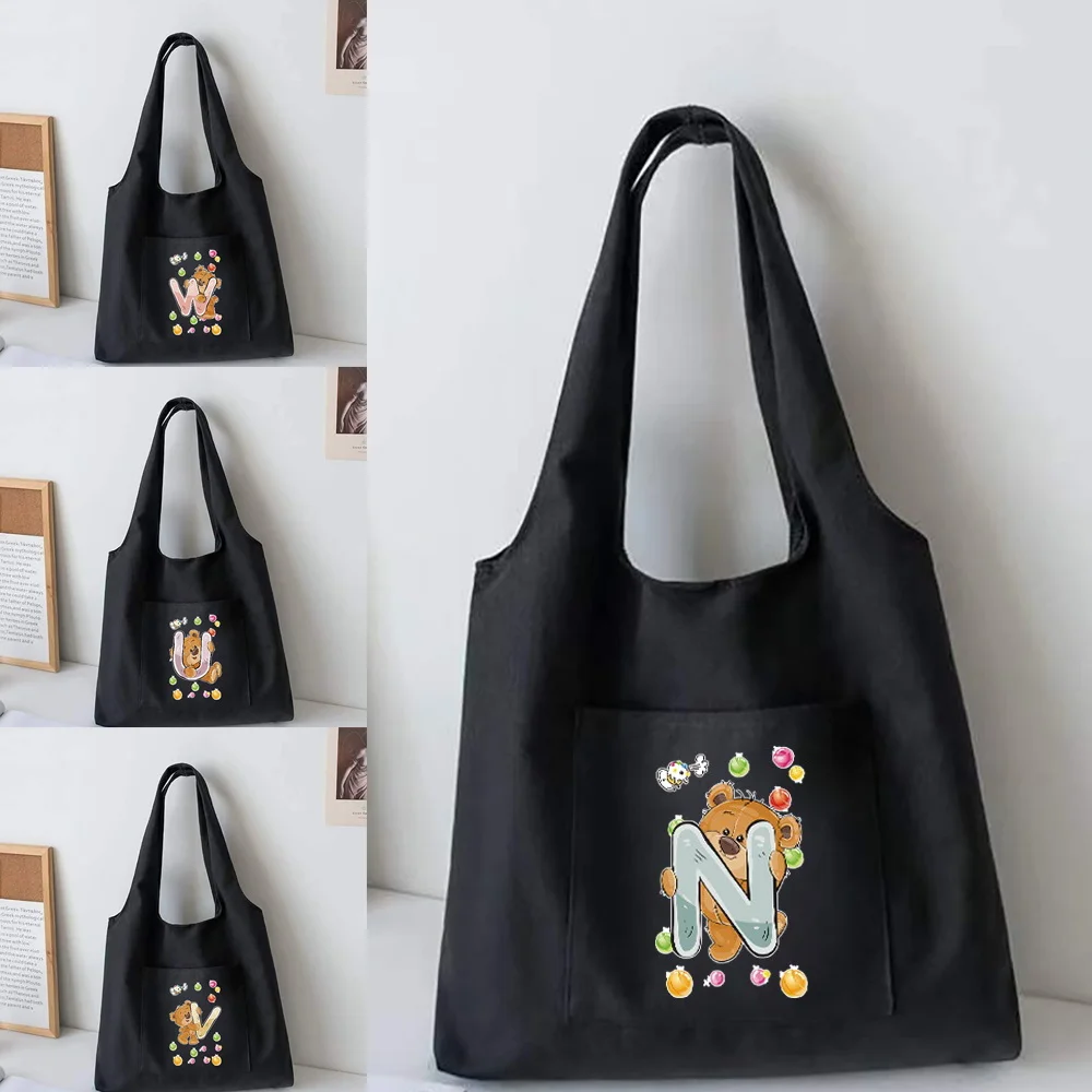 

Bear A Canvas Vest Bag Women's Reusable Shopping Bags Casual All-match Tote Bag Cute Pattern Shopper Handbags Student School Bag