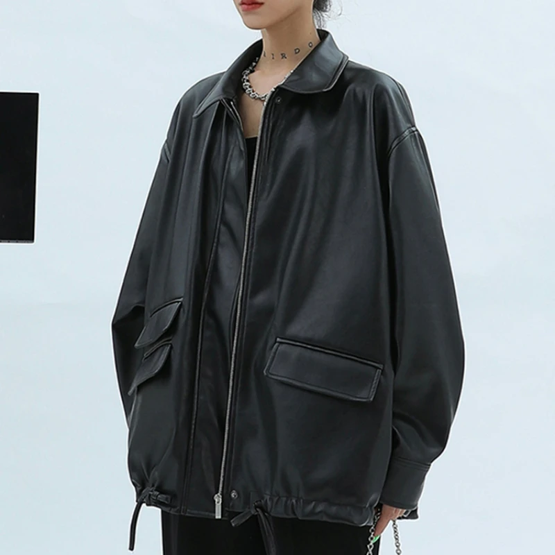 Spring Autumn Oversized Casual Waterproof Black Soft Pu Leather Jacket Women with Drop Shoulder Long Sleeve Fashion 2023