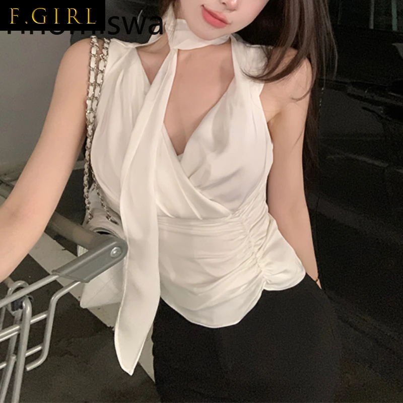 

F GIRLS High Street V-neck Shirt Blouse Women Folds Slim Fit Sexy Fashion Camisas Mujer Solid Color Sleeveless Vetement Femme