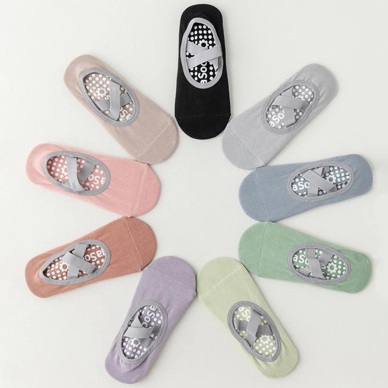 Yoga Socks for Women Non-Slip Grips Straps Bandage Cotton Sock Ideal for Pilates Pure Barre Ballet Dance Barefoot Workout 5pairs
