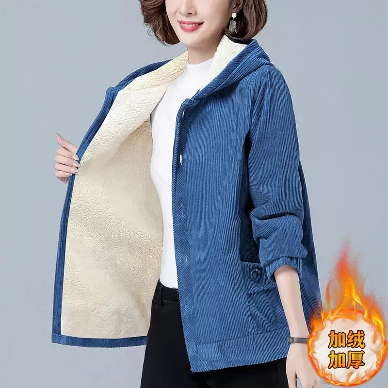 

Женское вельветовое пальто, свободная теплая куртка с капюшоном и бархатной подкладкой, в Корейском стиле, верхняя одежда для отдыха, Осень-...