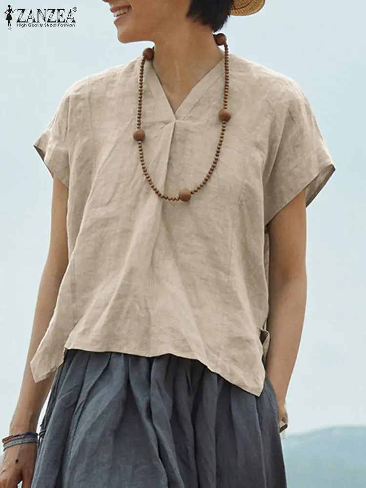

ZANZEA Elegant Summer Blouse Fashion Women V Neck Short Sleeve Shirt Solid Work Blusas Chemise Tunic Casual Loose Tunic Tops