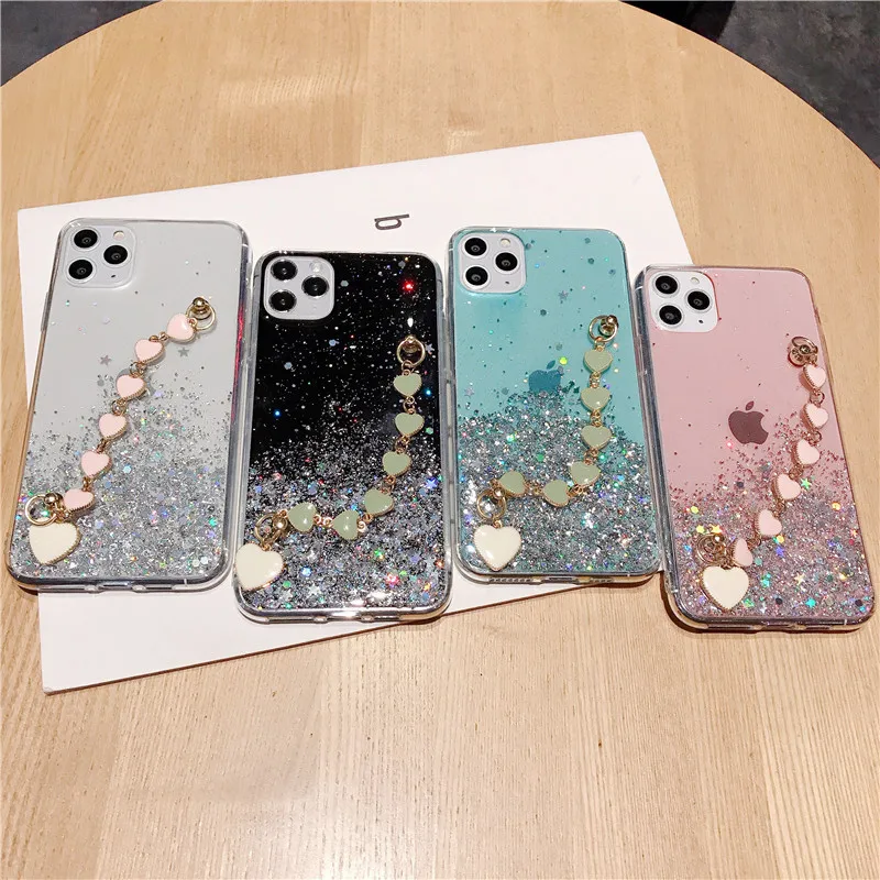 Блестящий чехол с браслетом для телефона IPhone 12 11 Pro Max XR X XS Mini блестящий звездой 7 8 9