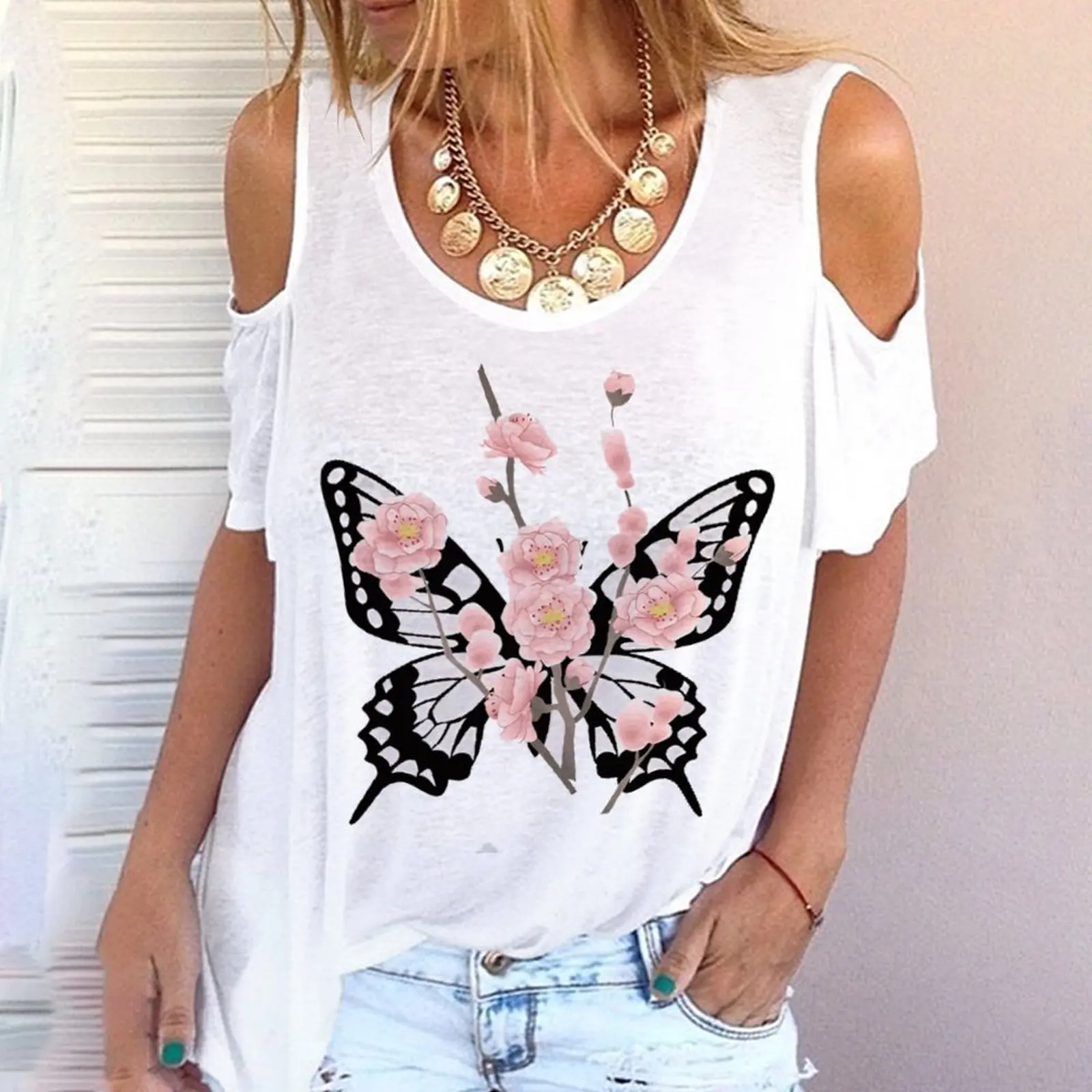 

Summer casual T-shirt long sleeve street top, printed v-neck short sleeve loose fashion women's top with printed pattern