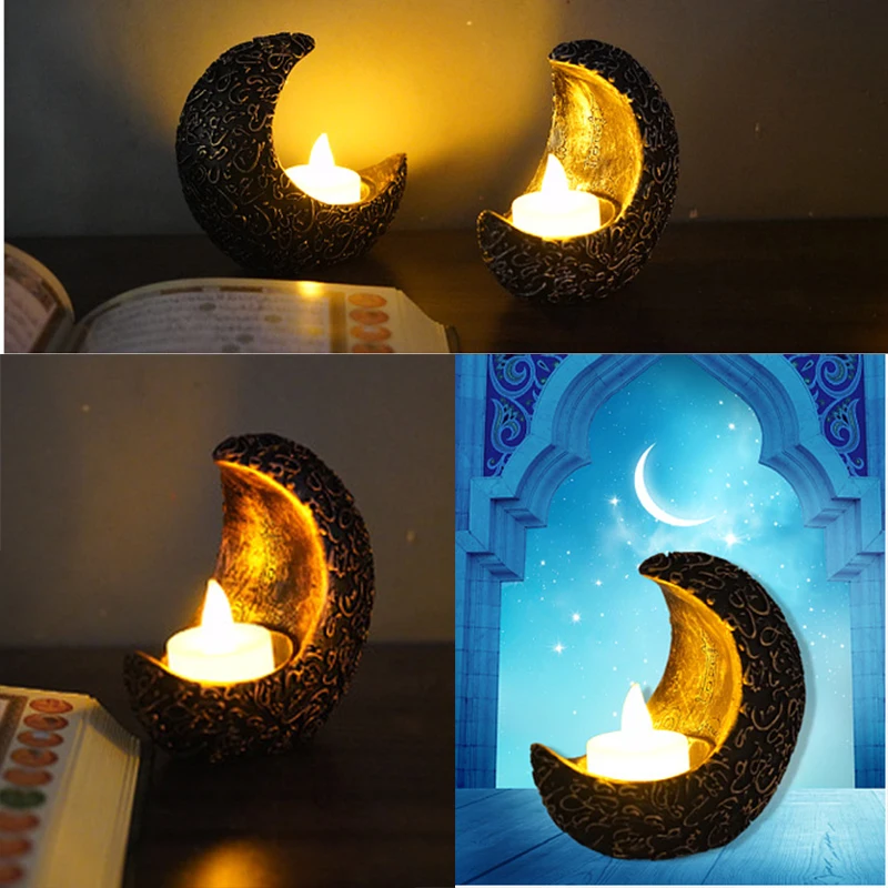 

Ramadan Moon Shaped Candlestick Muslim Islamic Festival Atmosphere Ornament Eid Mubarak Home Party 2023 Eid Al-Adha Decorations