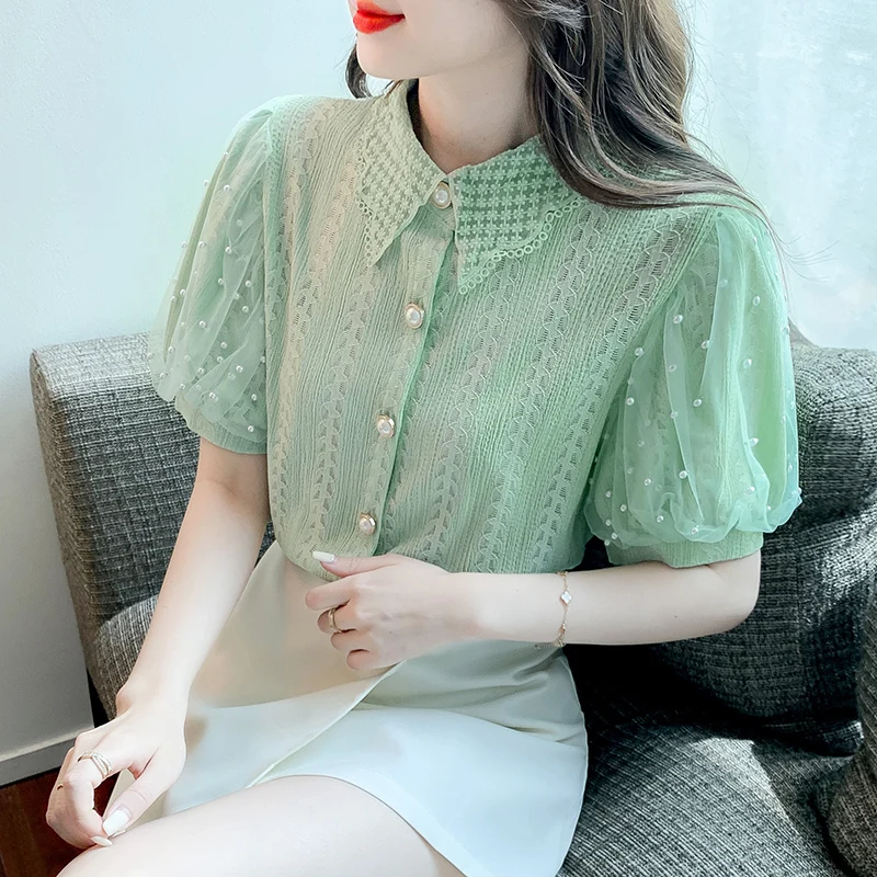 

Elegant Fashion Polo-neck Hollow Out Lace Blouses Female 2022 Summer Korean Loose Beading Mesh Puff Sleeve Sweet Women's Shirt