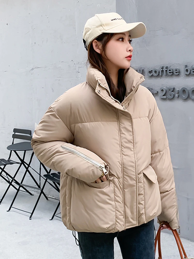 2022 New Arrival Women Winter Parka Stand Collar Students  Korean Style Coat Solid Green Blue Fashion Outwear Jacket