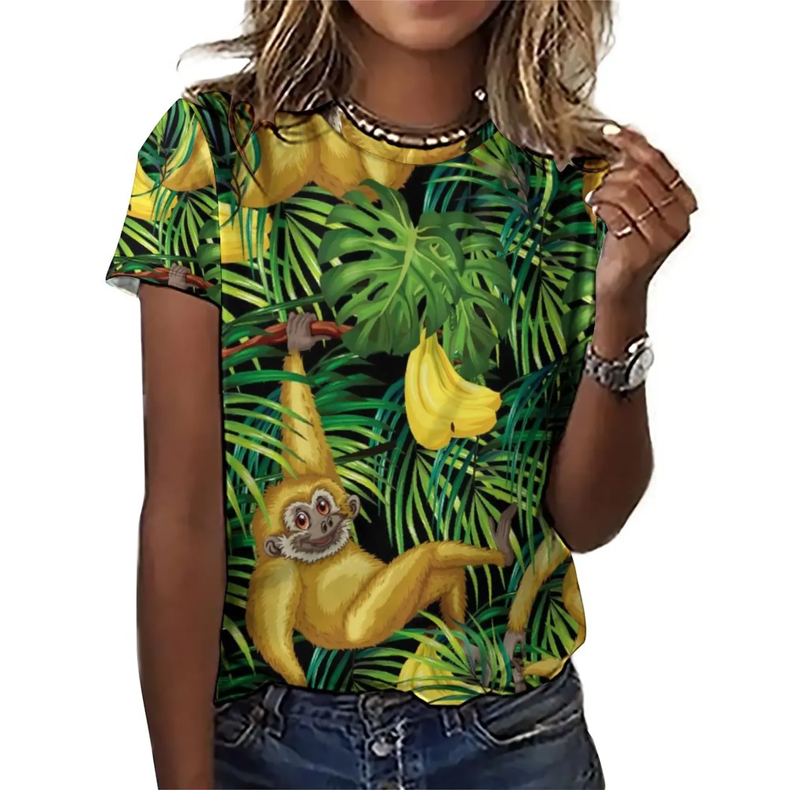 

Monkey Print T Shirt Tropical Banana Jungle Elegant T-Shirts Short-Sleeve Custom Tops Ladies Street Style Tees Big Size 5XL 6XL