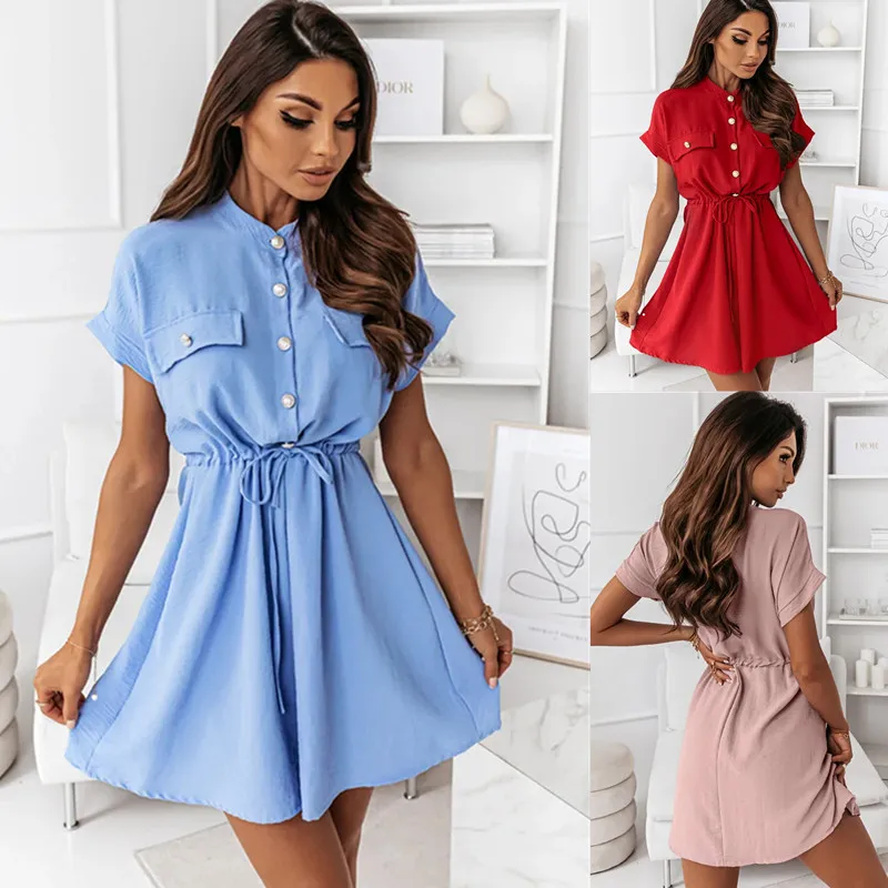 

Fashion Single-breasted Shirt Dress Women Summer Casual Loose Pockets Lace Up Elastic Waist Mini Dress Party Club Clothes 2022