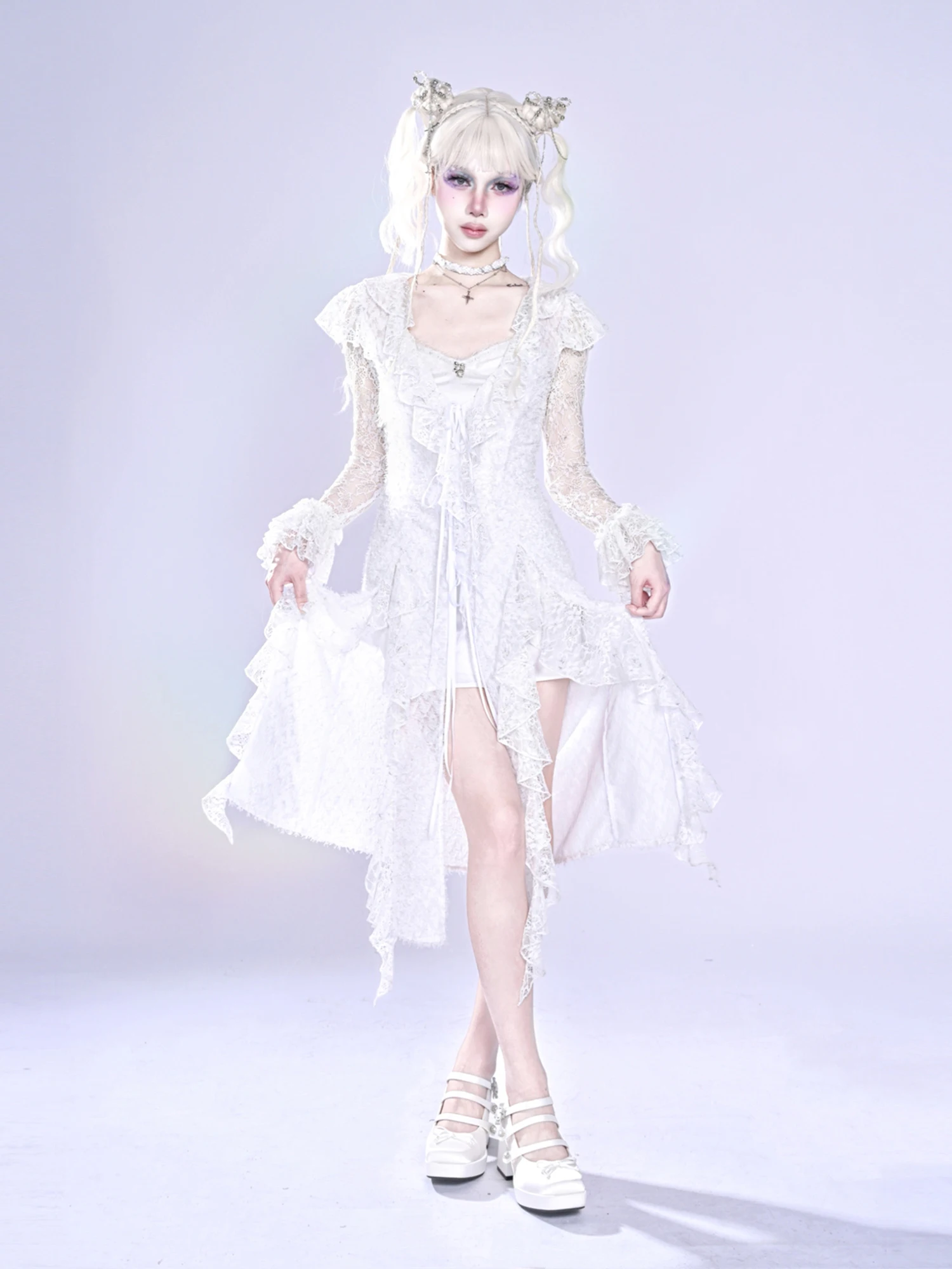 

Женское платье с V-образным вырезом, кружевной кардиган с оборками и солнцезащитным чехлом