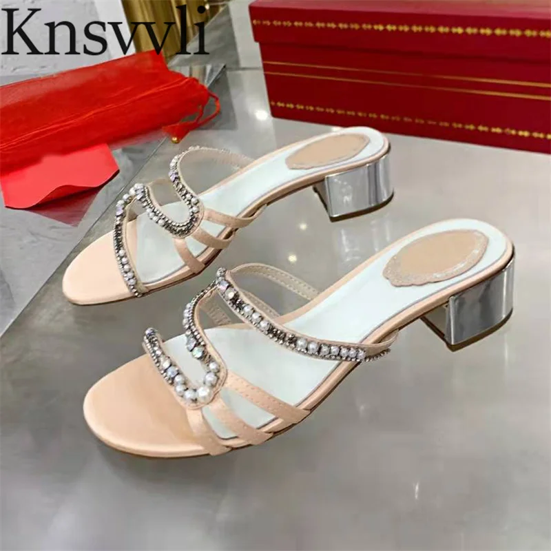 

Satin Low Heels Slippers Lady Pearl Round Toe Mules Shoes Summer Square Heel Slingbacks Open Toe Slippers Women