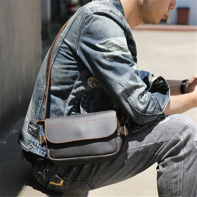 Retro crazy horse leather shoulder zipper backpack men's small square bag fashion designer natural cowhide messenger bag
