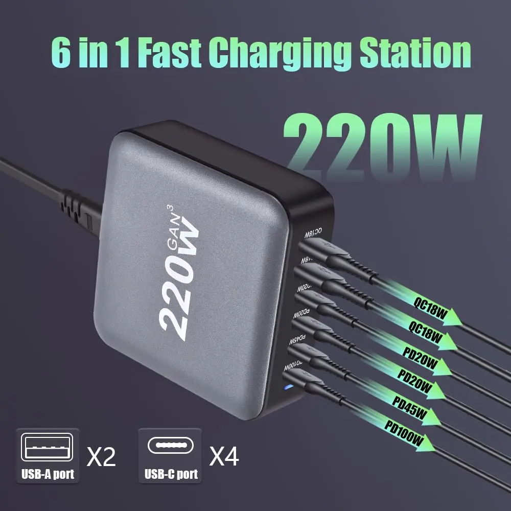 Настольное зарядное устройство GaN 220 Вт 6-портовое USB Type C PD