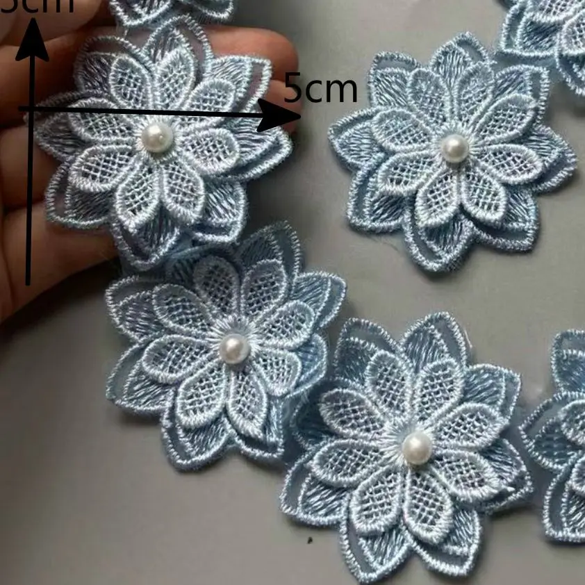 

10X Soluble Blue Pearl Flower Lace Trim Polyester Embroidered Ribbon Fabric Sewing Supplies Craft Decor, DIY Handmade Materials