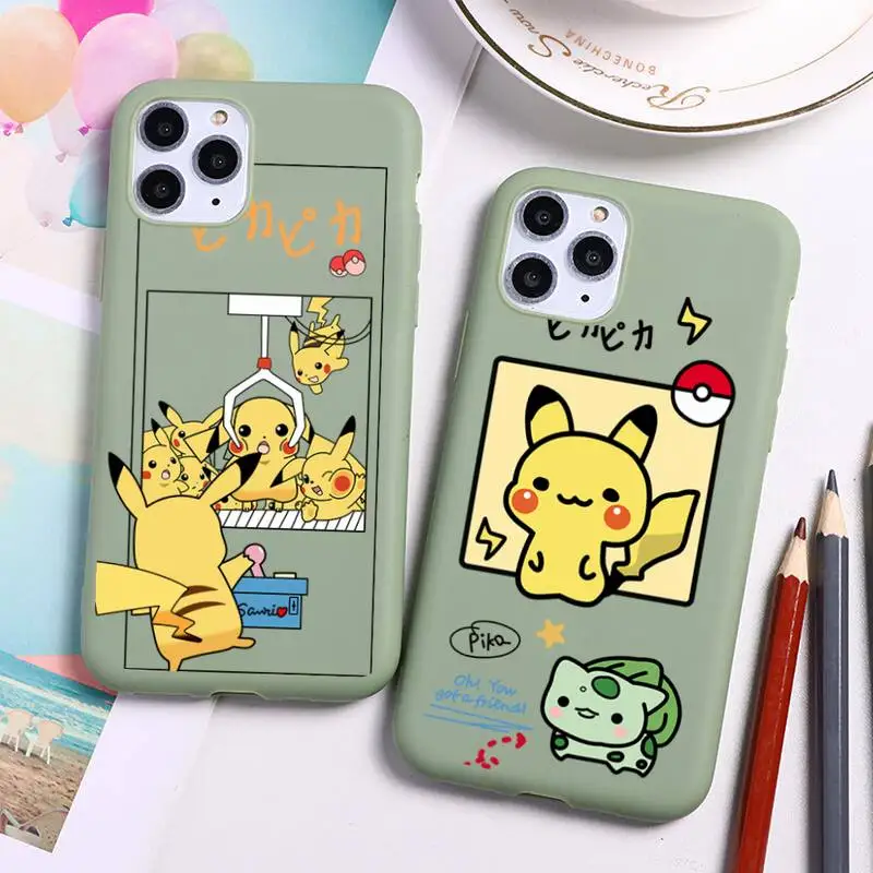 

Cartoon Pokemon Pikachu Phone Case For iphone 13 12 11 Pro Max Mini XS 8 7 6 6S Plus X SE 2020 XR Candy green Silicone cover