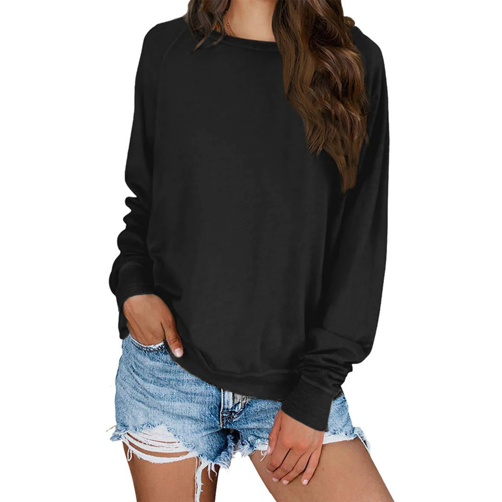 

Loose Daily Fashion Soft Spring Autumn Casual Basic Long Sleeve Women Sweatshirt Black Round Neck Tunic Tops Pullover Solid