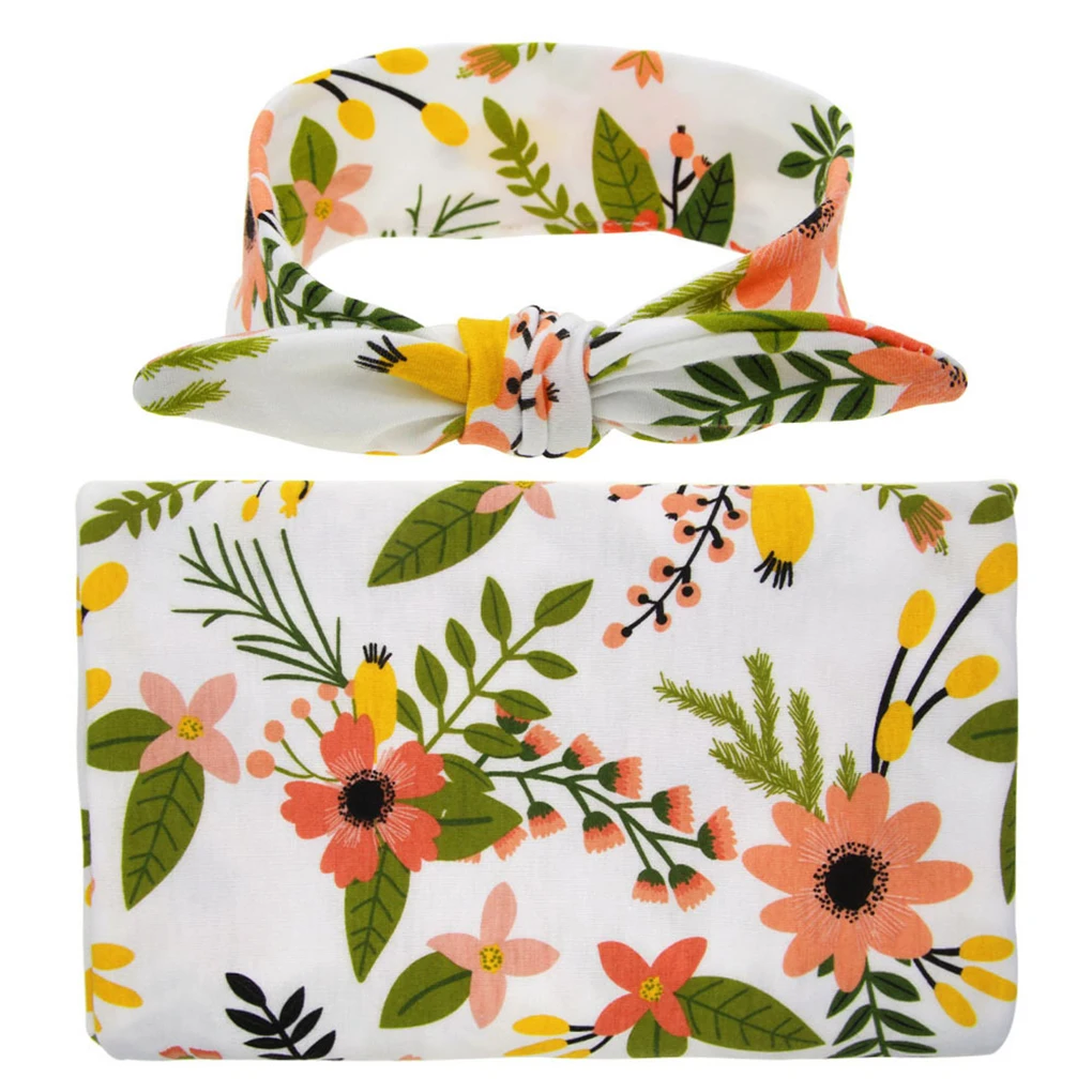 

Floral Print/Doughnut Design Baby Receiving Swaddle Blanket Bowknot Headband Set Infant Wrap Towel
