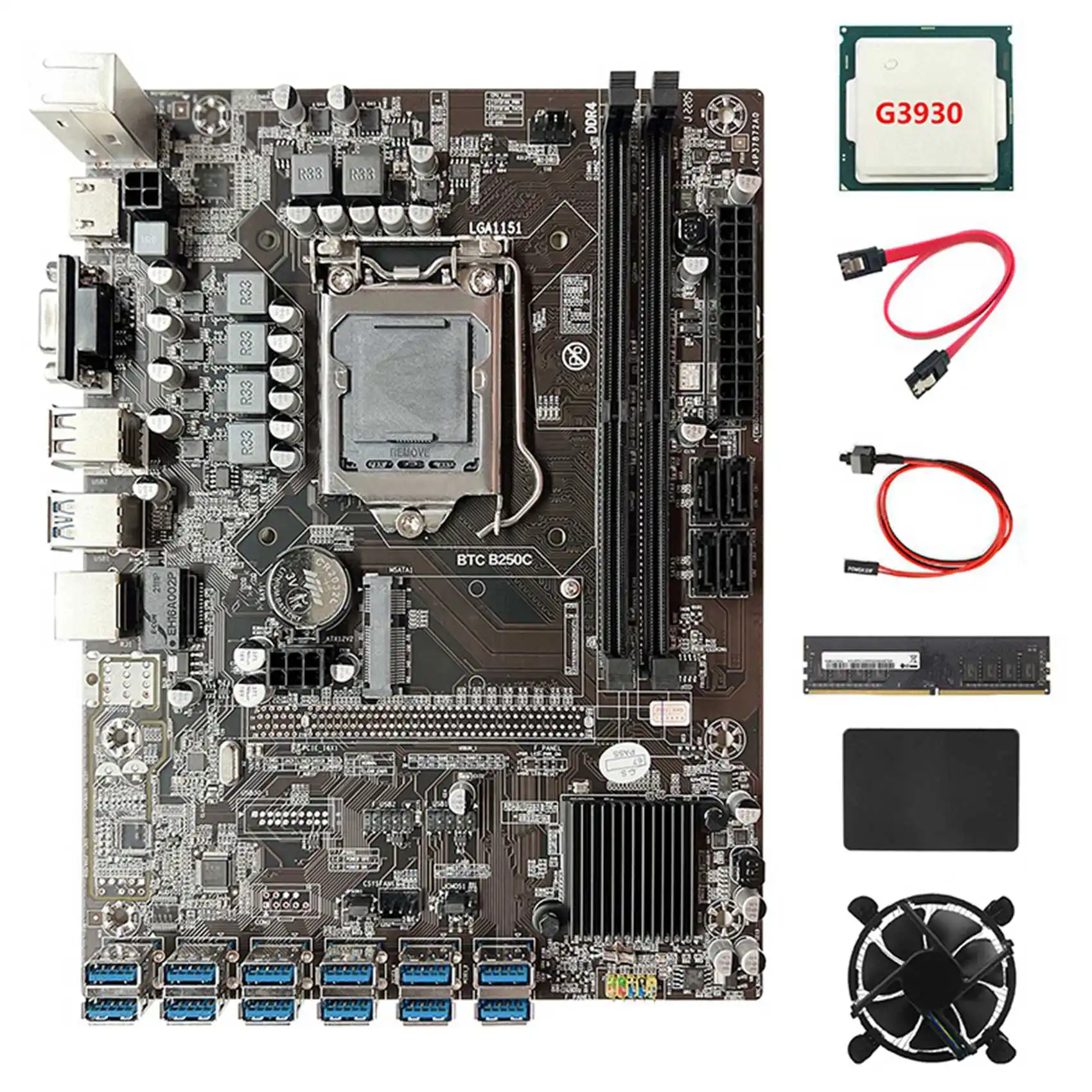 

Материнская плата B250C ETH Miner + G3930 CPU + DDR4 8 Гб 2133 МГц RAM + 128G SSD + вентилятор + SATA кабель + коммутационный кабель 12 PCIE к USB слот GPU