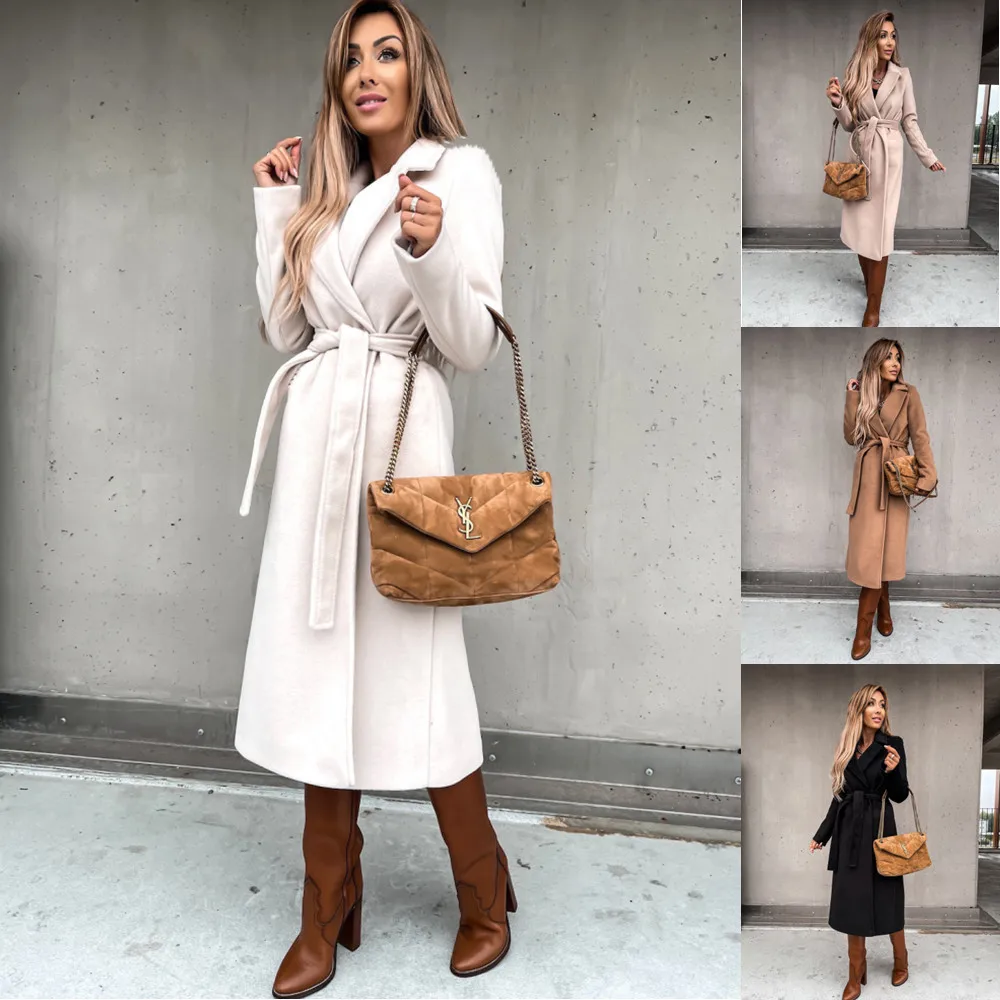 

2023 Spring and Autumn Woolen Coat Simple and Fashionable V-neck Strap Long Coat for Women