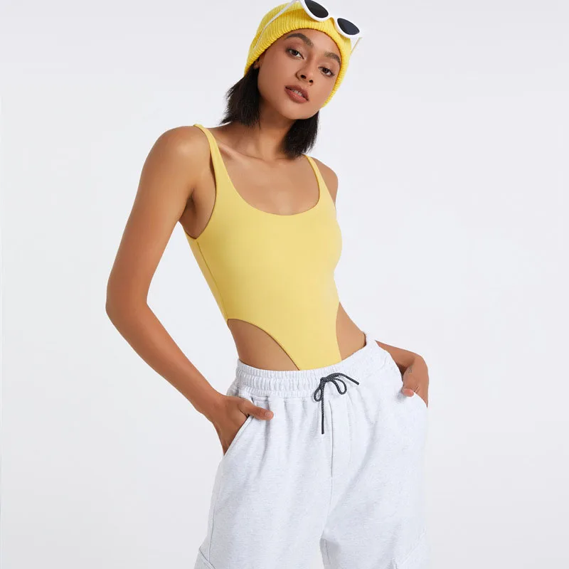 SHINBENE Naked Feel Backless Jumpsuits for Women Sleeveless Dancer Bodysuits Cozy Yoga Sports Fitness Outfits with Chest Pads