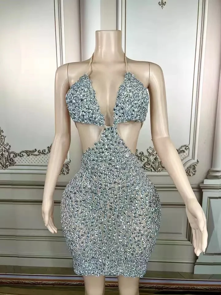

Glisten Full Silver Rhinestones Bra Mini Dress Women Dancer Show Singer Wear Birthday Celebrate Sexy Stage Performance Outfit