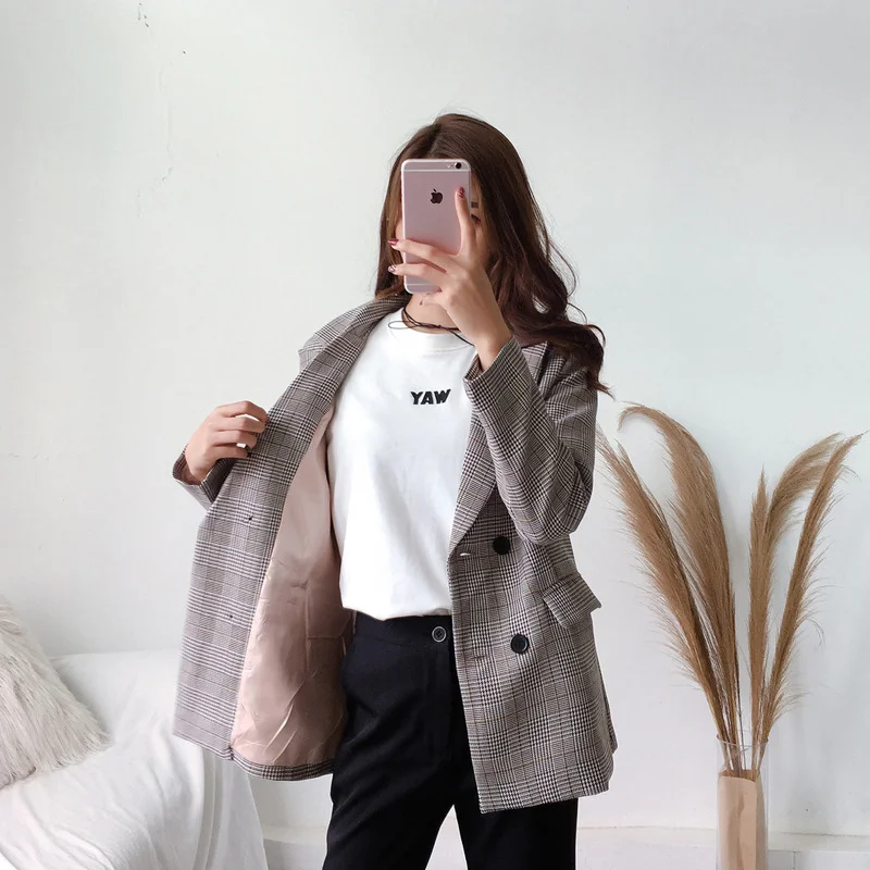 Office Ladies Lapel Plaid Women's Blazer Double-breasted Autumn Long-sleeved Jacket 2022 Casual Pocket Women's Short Blazer