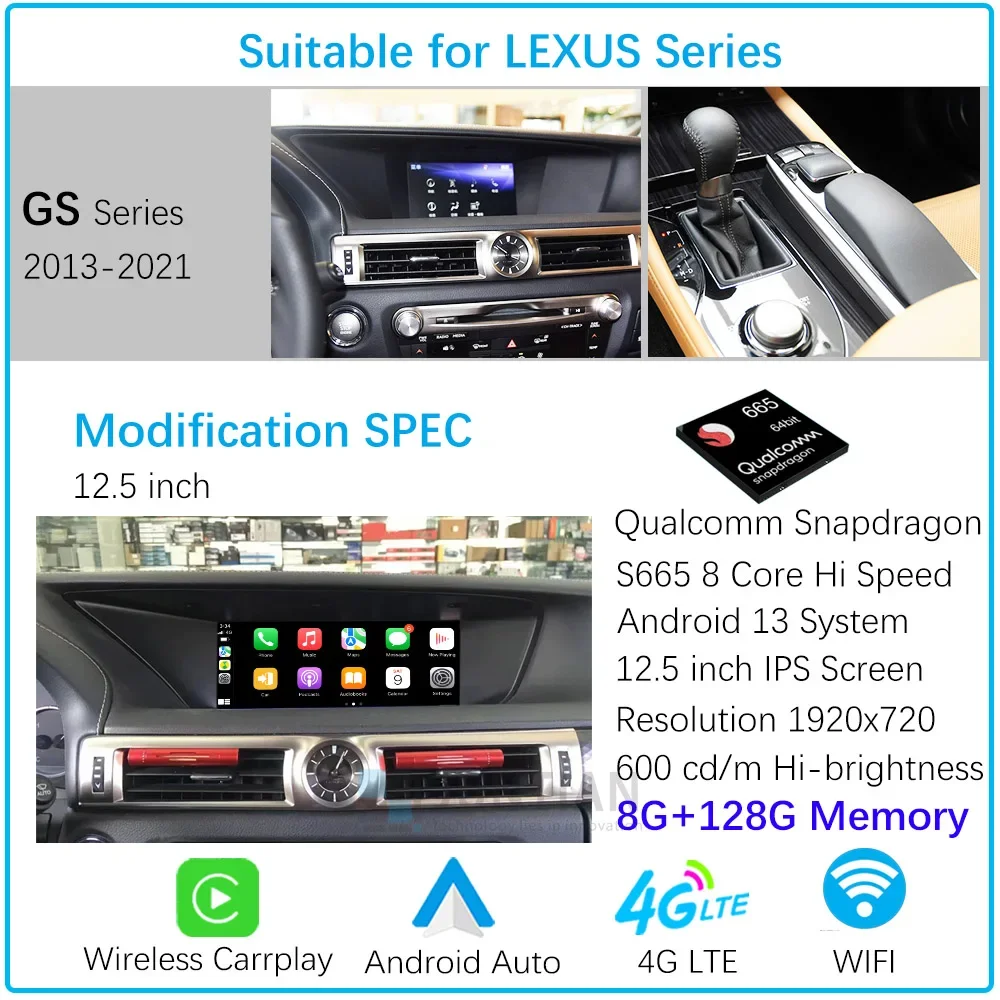 Для Lexus GS 2012-2019 чипы Qualcomm Android 14, автомобильная навигация, GPS, мультимедиа, Carplay, автоматический HD-плеер с экраном