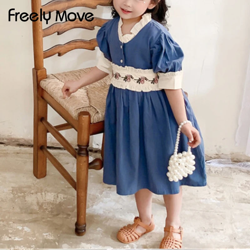 

Freely Move Pastoralism Style Kids Dresses Summer For Toddler Girls Short Sleeve Lace Flower Embroidery Cotton Clothe Dress