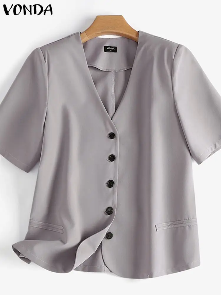 Elegant Lady Office Coat Women Blazer 2023 VONDA Fashion Casual Short Sleeve Blazer Button Outerwear Fashion Overcoat Oversized