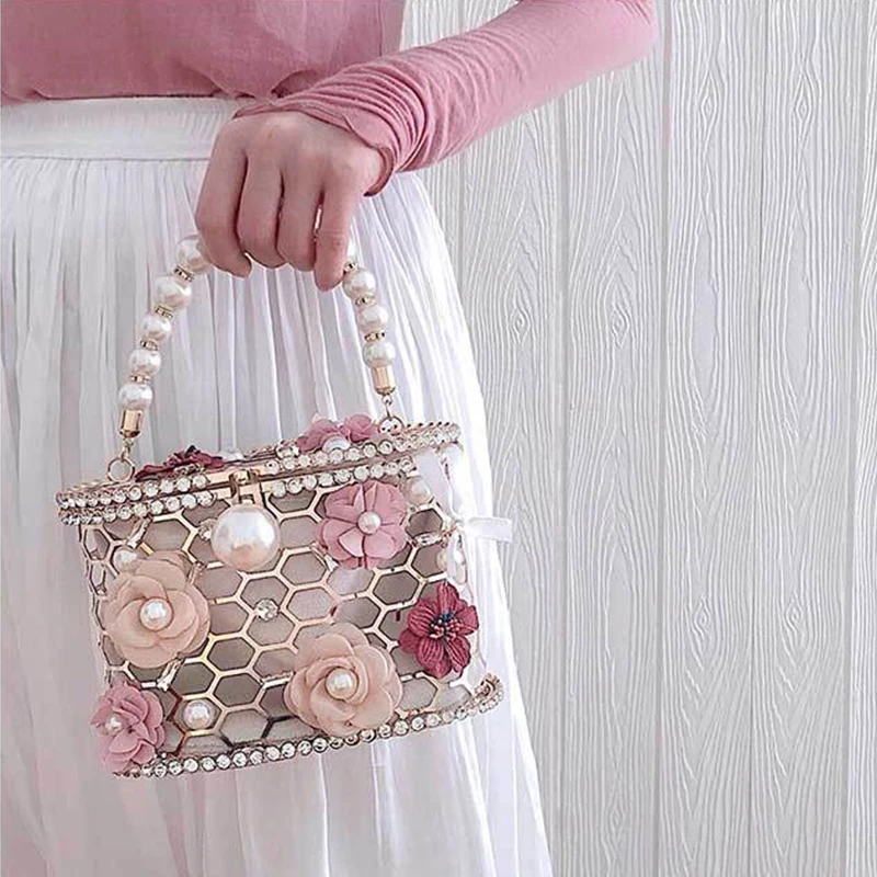 Flowers Rhinestones Metal Evening Bag Women Luxury Designer Diamonds Alloy Cage Pearls Dinner Clutch Purse Ladies Chic Handbag