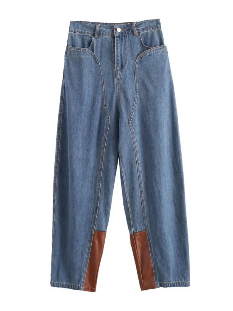 Women Appliques Jeans 2022 Spring Hight Waist Loose Trouser Light Blue Chic Casual Full Length Straight Denim Pants