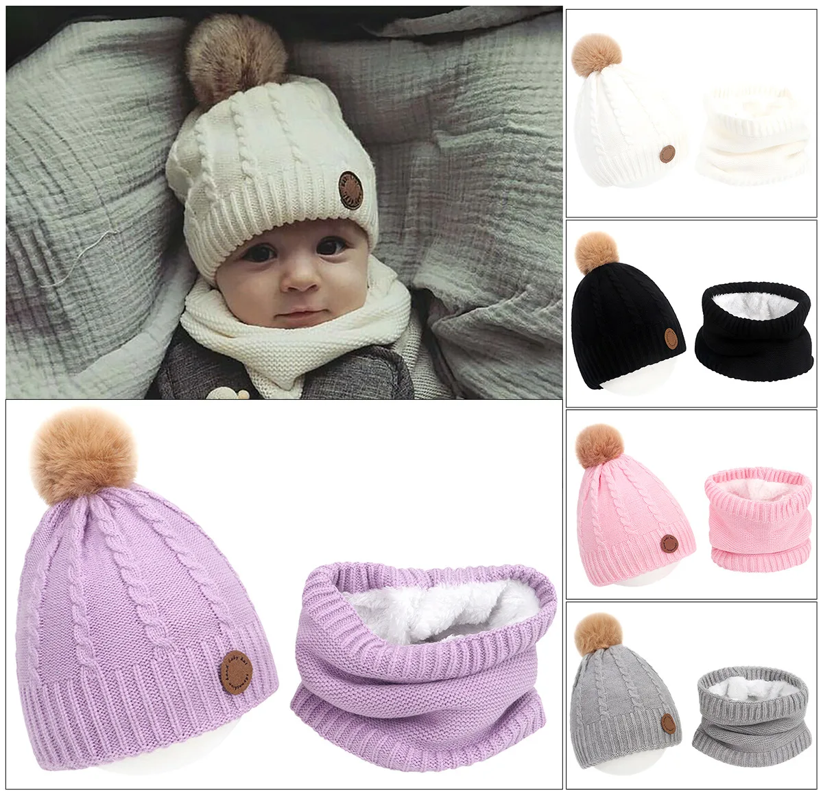 

Winter Warm Baby Hat Gloves 2Pcs Set Thicken Solid Color Pompom New Baby Bonnet Beanie Cap Boys Girls Mitten for 0-2Y Kids