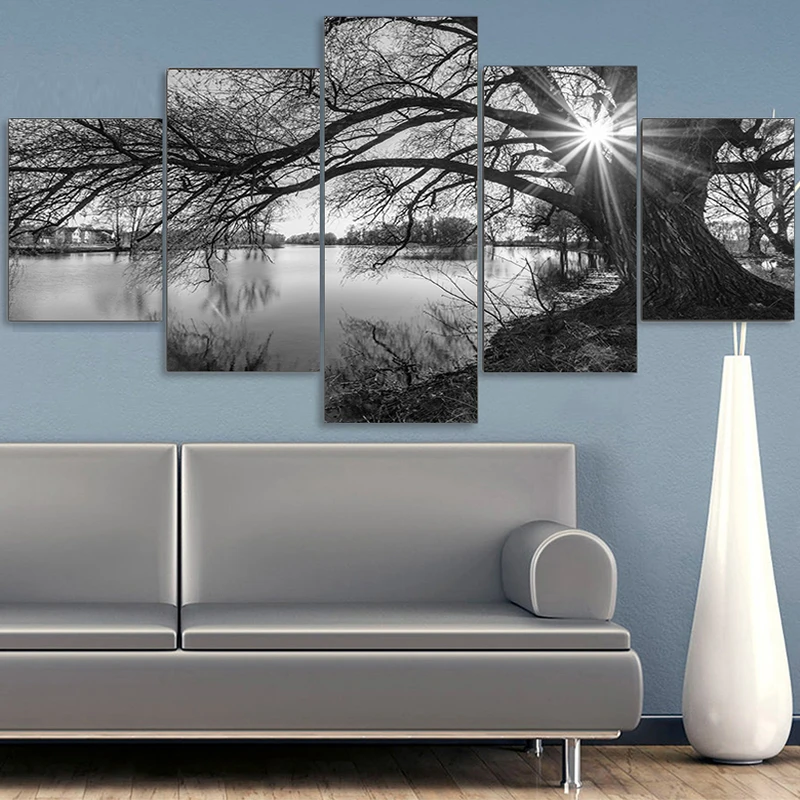Алмазная живопись, 5 шт., черное, белое дерево, озеро, река, полный дисплей, бриллиантовая вышивка Стразы H139