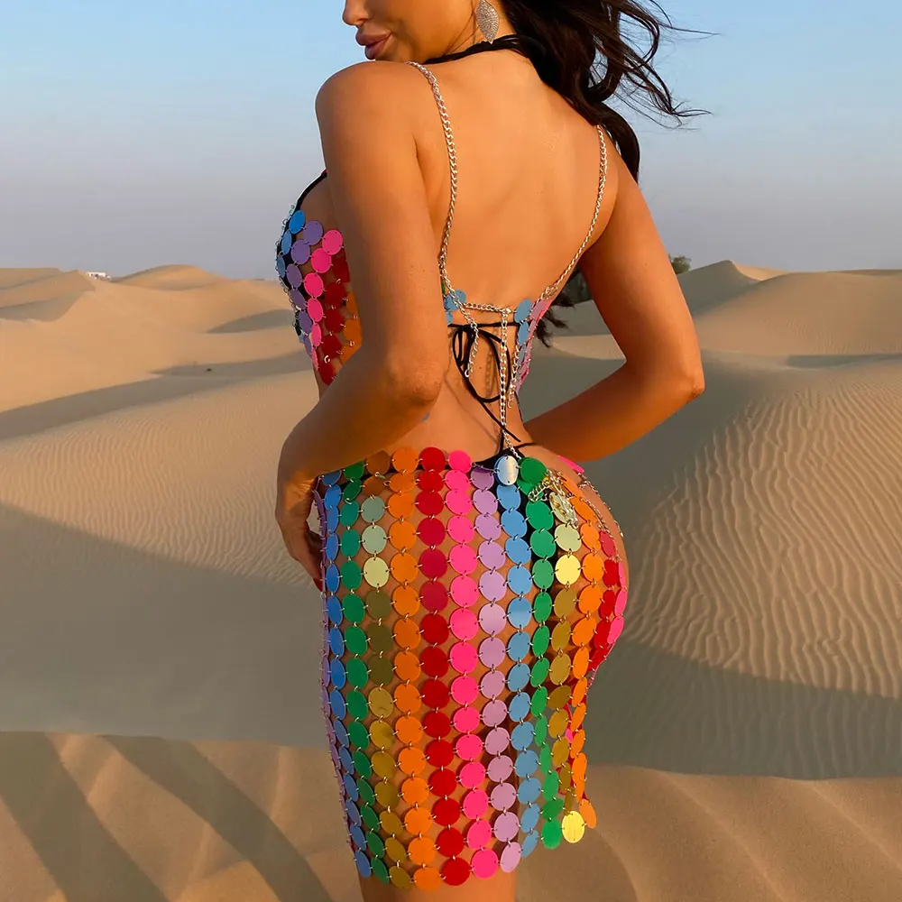 Sexy Sequins Bikini Body Chain Set Womens Rave Outfits Fashion Skirts Backless Bra Nightclub Festival Body Jewelry Accessories