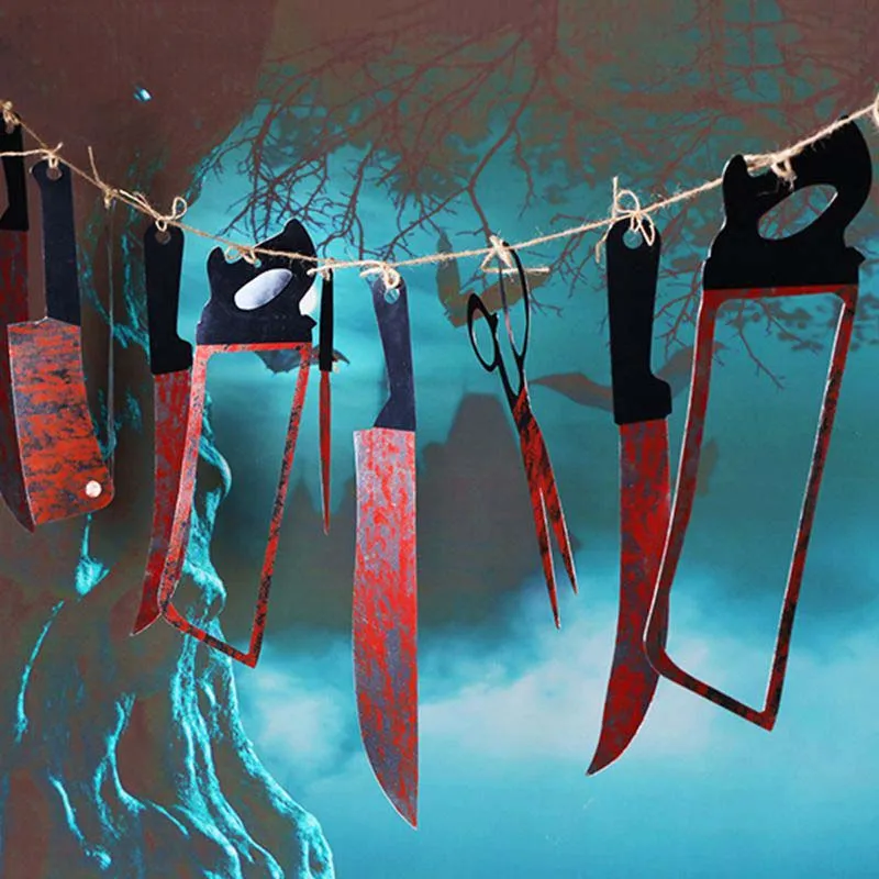 

12pcs/lot Halloween Plastic Blood Knife Tools Sets Horror Spooky Haunted House Hanging Knife Garland Banner Halloween Decoration