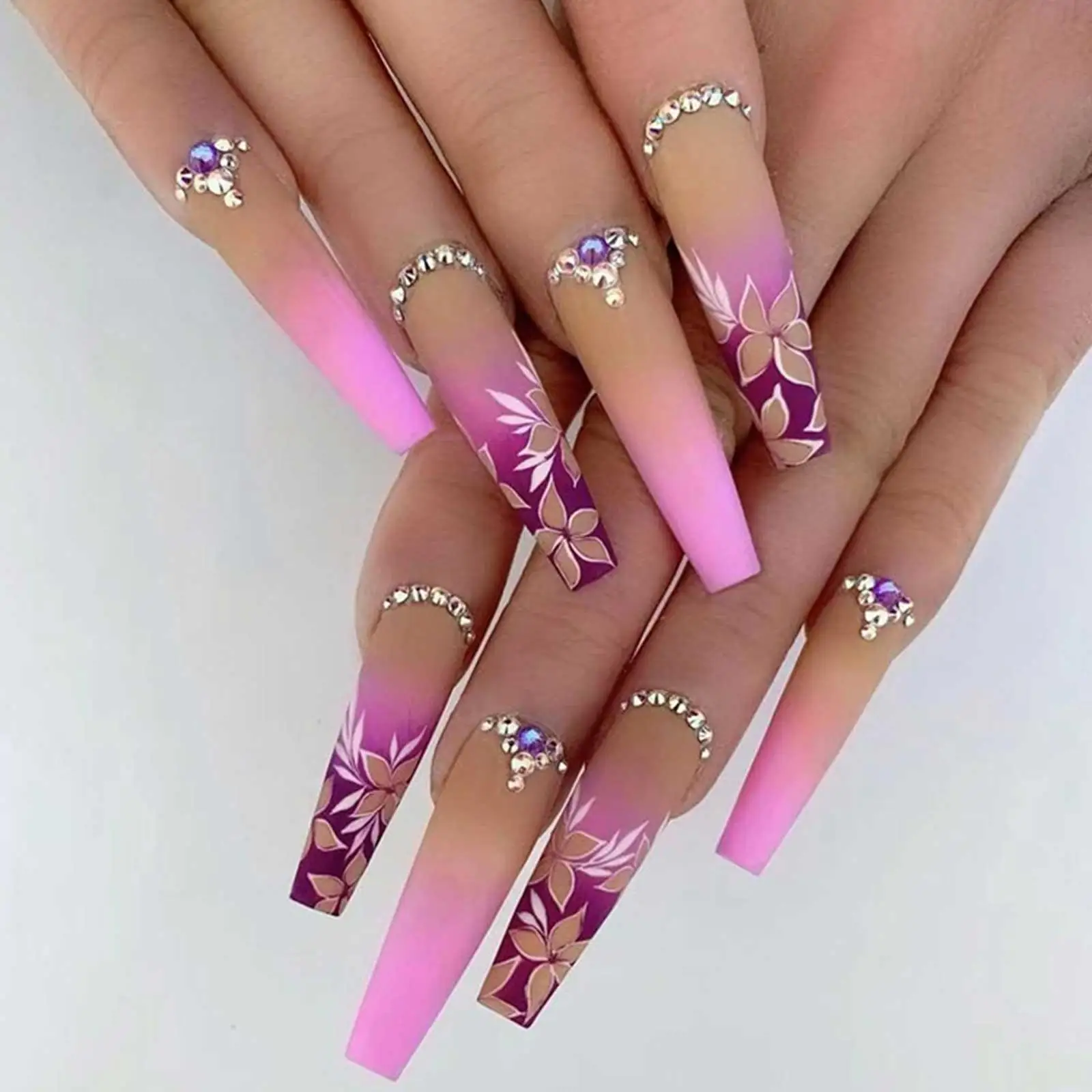 

24Pcs/Box Purple Gradient Long Ballet Fake Nails With Glue Flower Pattern French Rhinestone Design Full Cover Press On Nail Tips